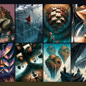 May include: A collection of eight fantasy illustrations featuring a person with a lantern exploring surreal landscapes, including a giant turtle with a village on its back, floating books, an hourglass, flying geometric shapes, and ships.