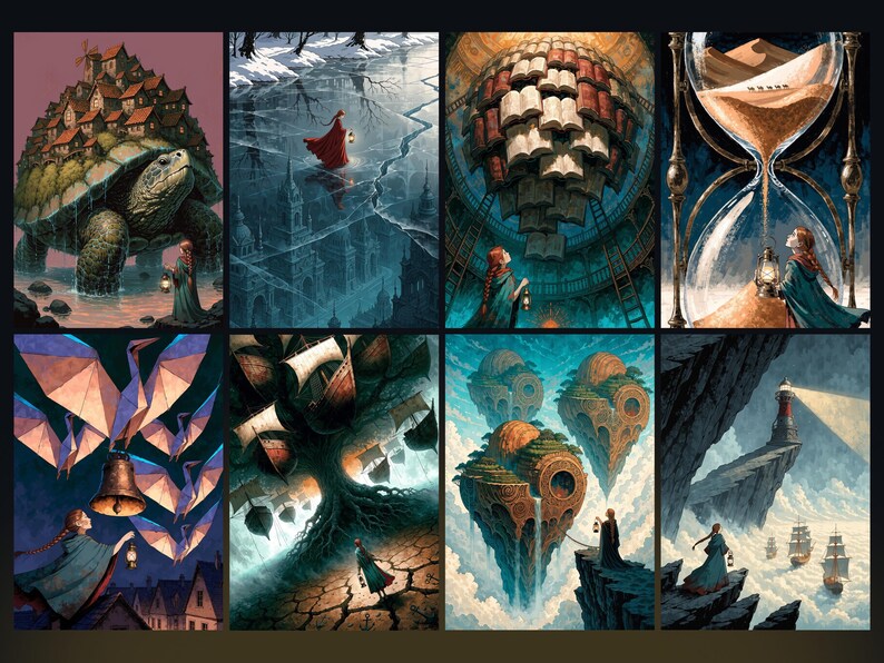 May include: A collection of eight fantasy illustrations featuring a person with a lantern exploring surreal landscapes, including a giant turtle with a village on its back, floating books, an hourglass, flying geometric shapes, and ships.