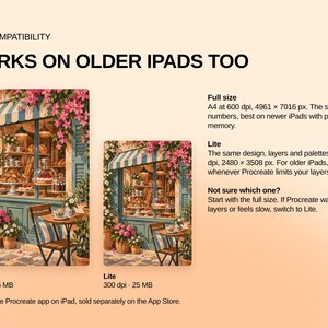 May include: An informational graphic about iPad compatibility for a digital art file. It displays two versions of a bakery illustration, labeled Full size at 600 dpi and 46 MB, and Lite at 300 dpi and 25 MB, with text explaining technical specifications.