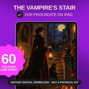 May include: A digital paint-by-number artwork titled THE VAMPIRE'S STAIR for Procreate on iPad. The image features a person in a dark cloak holding a lantern on a staircase with a black cat, a full moon, and a castle. Includes 60 colors and 1,986 zones.