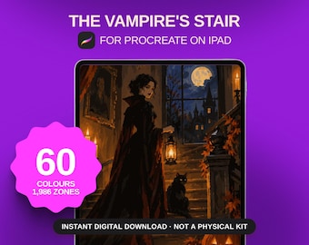 May include: A digital paint-by-number artwork titled THE VAMPIRE'S STAIR for Procreate on iPad. The image features a person in a dark cloak holding a lantern on a staircase with a black cat, a full moon, and a castle. Includes 60 colors and 1,986 zones.