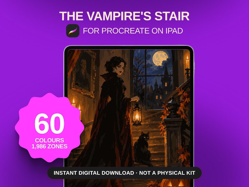 May include: A digital paint-by-number artwork titled THE VAMPIRE'S STAIR for Procreate on iPad. The image features a person in a dark cloak holding a lantern on a staircase with a black cat, a full moon, and a castle. Includes 60 colors and 1,986 zones.