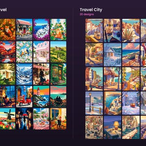 May include: A digital display featuring two collections of travel-themed illustrations. The left section, labeled Cozy Travel 25 designs, shows 25 colorful scenes. The right section, labeled Travel City 20 designs, displays 20 urban travel scenes.