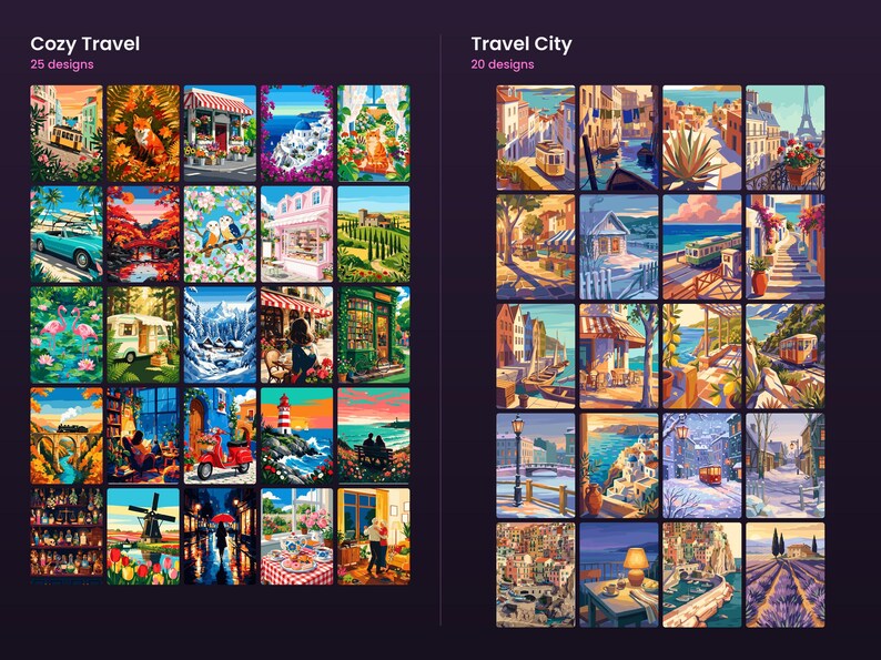 May include: A digital display featuring two collections of travel-themed illustrations. The left section, labeled Cozy Travel 25 designs, shows 25 colorful scenes. The right section, labeled Travel City 20 designs, displays 20 urban travel scenes.