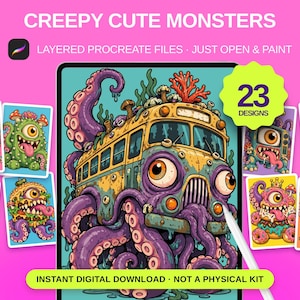 May include: Digital art set titled CREEPY CUTE MONSTERS featuring 23 designs of colorful, one-eyed creatures with tentacles. The image displays a tablet screen showing a yellow bus-monster hybrid, surrounded by smaller monster illustrations.