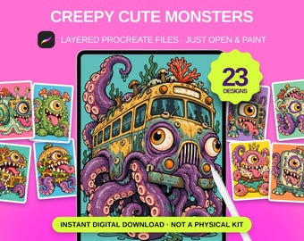 23 Libros para colorear digitales de monstruos espeluznantes, descarga instantánea para Procreate
