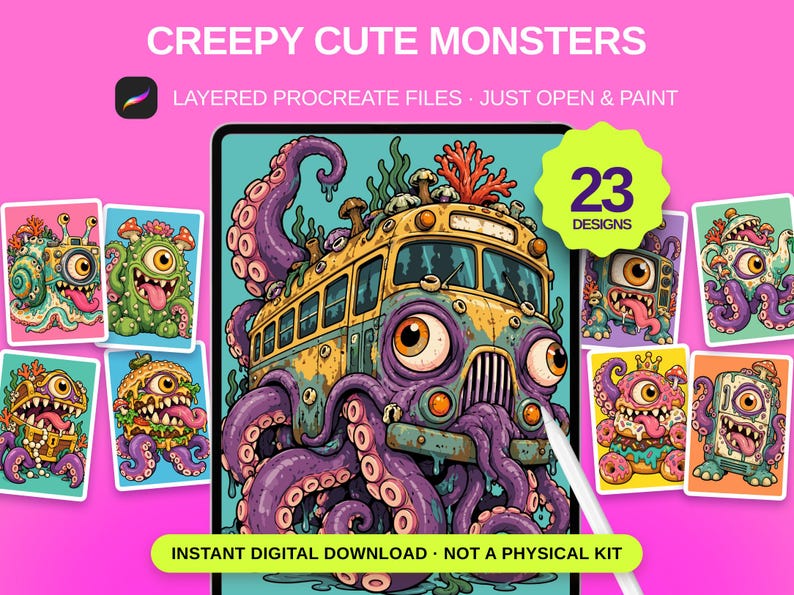 Puede incluir: Conjunto de arte digital titulado CREEPY CUTE MONSTERS con 23 dise&ntilde;os de criaturas coloridas de un solo ojo con tent&aacute;culos. La imagen muestra una pantalla de tableta con un h&iacute;brido de autob&uacute;s-monstruo amarillo rodeado de ilustraciones.