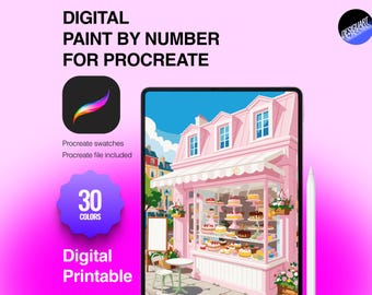 May include: A digital paint by number kit for Procreate featuring a pink bakery storefront illustration. The graphic includes the text Digital Paint By Number For Procreate, 30 Colors, and Digital Printable, alongside a Procreate app icon and stylus.