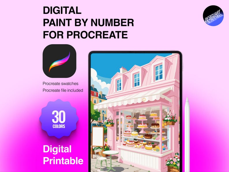 May include: A digital paint by number kit for Procreate featuring a pink bakery storefront illustration. The graphic includes the text Digital Paint By Number For Procreate, 30 Colors, and Digital Printable, alongside a Procreate app icon and stylus.