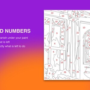 May include: A paint-by-number canvas featuring a line drawing of a building facade with numbered sections. The text reads: RED NUMBERS they vanish under your paint so what is left is exactly what is left to do. The background is a purple to orange gradient.