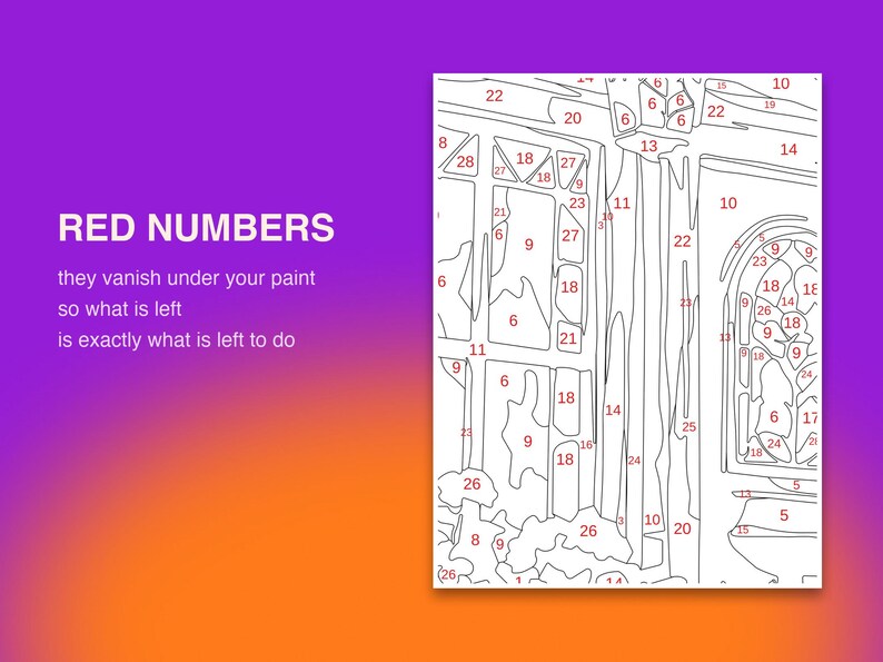 May include: A paint-by-number canvas featuring a line drawing of a building facade with numbered sections. The text reads: RED NUMBERS they vanish under your paint so what is left is exactly what is left to do. The background is a purple to orange gradient.