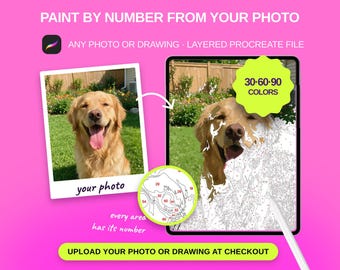 Puede incluir: Un kit digital de pintura por números para Procreate con una foto de golden retriever y una plantilla numerada. El texto incluye PAINT BY NUMBER FROM YOUR PHOTO, 30-60-90 COLORS, your photo, every area has its number y UPLOAD YOUR PHOTO OR DRAWING AT CHECKOUT.