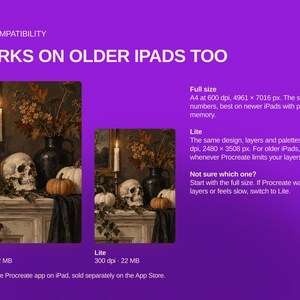 May include: A digital graphic on a purple background displaying two versions of a still life painting featuring a skull, pumpkins, a candle, and a vase. Text includes IPAD COMPATIBILITY, WORKS ON OLDER IPADS TOO, Full size, and Lite specifications.