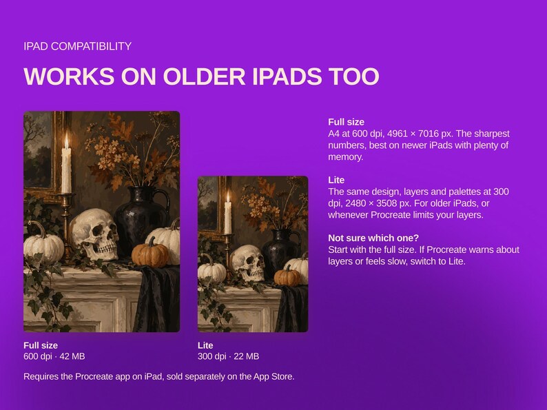May include: A digital graphic on a purple background displaying two versions of a still life painting featuring a skull, pumpkins, a candle, and a vase. Text includes IPAD COMPATIBILITY, WORKS ON OLDER IPADS TOO, Full size, and Lite specifications.