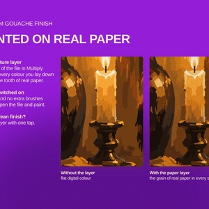 May include: A digital product display on a purple background featuring the text PREMIUM GOUACHE FINISH PAINTED ON REAL PAPER. Two side-by-side illustrations show a lit candle in a holder, comparing flat digital color to a textured paper layer effect.