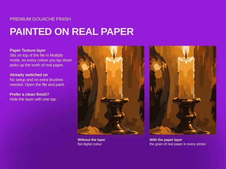 May include: A digital product display on a purple background featuring the text PREMIUM GOUACHE FINISH PAINTED ON REAL PAPER. Two side-by-side illustrations show a lit candle in a holder, comparing flat digital color to a textured paper layer effect.