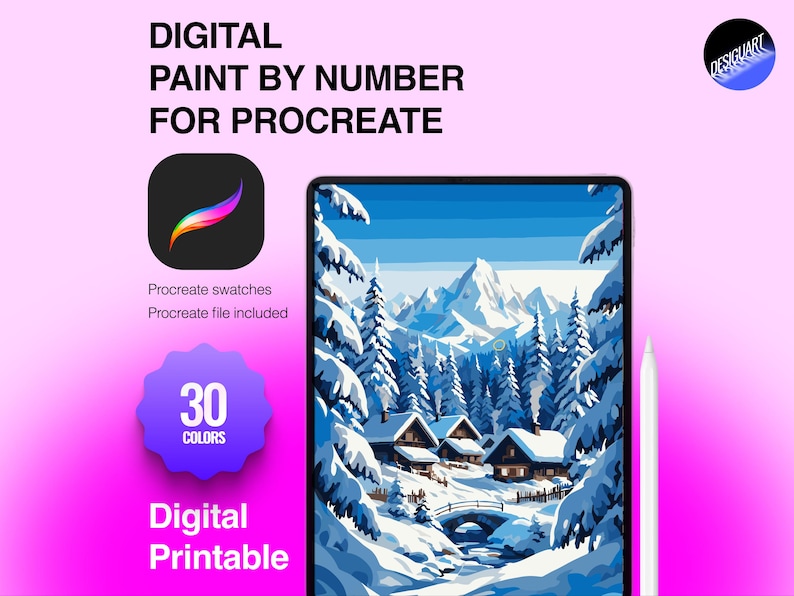 Puede incluir: Un kit de pintura por n&uacute;meros digital para Procreate que muestra un paisaje de monta&ntilde;a nevado con caba&ntilde;as, un puente y pinos. El gr&aacute;fico incluye el texto "DIGITAL PAINT BY NUMBER FOR PROCREATE", "30 COLORS" y "Digital Printable" con un l&aacute;piz.