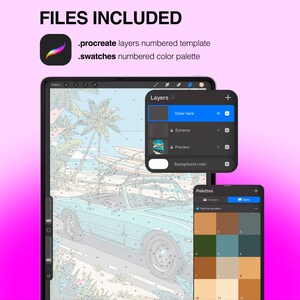 May include: A digital Procreate paint-by-number template featuring a light blue convertible car on a beach. The interface displays a layers panel with a Draw here option and a numbered color palette. Text includes FILES INCLUDED, .procreate layers numbered template, and .swatches numbered color palette.