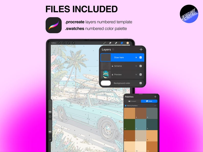 May include: A digital Procreate paint-by-number template featuring a light blue convertible car on a beach. The interface displays a layers panel with a Draw here option and a numbered color palette. Text includes FILES INCLUDED, .procreate layers numbered template, and .swatches numbered color palette.