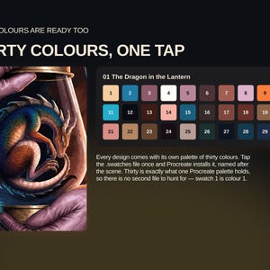 May include: A digital colour palette titled 01 The Dragon in the Lantern featuring thirty distinct colour swatches in a grid. The image displays a dragon curled inside a glass lantern held by hands, with text stating THIRTY COLOURS, ONE TAP.