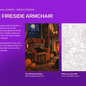 May include: A paint-by-number kit titled The Fireside Armchair featuring a gothic Halloween theme. The set includes a finished painting of a plaid armchair by a fireplace with a jack-o'-lantern and a numbered outline template with 2,117 zones.