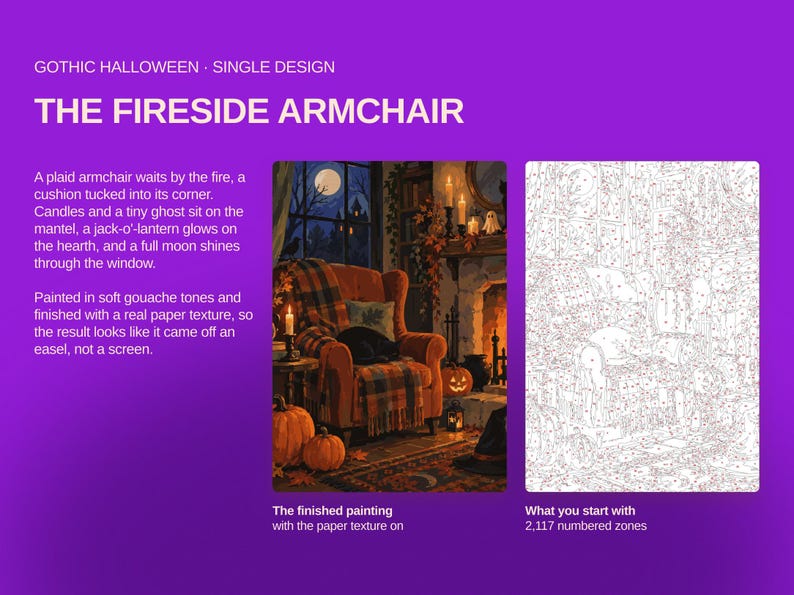 May include: A paint-by-number kit titled The Fireside Armchair featuring a gothic Halloween theme. The set includes a finished painting of a plaid armchair by a fireplace with a jack-o'-lantern and a numbered outline template with 2,117 zones.