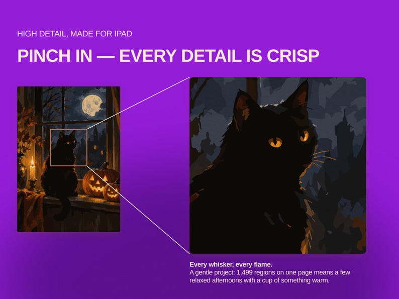 May include: A digital illustration of a black cat sitting on a windowsill with a full moon and jack-o'-lanterns in the background. The image includes text: HIGH DETAIL, MADE FOR IPAD, PINCH IN &mdash; EVERY DETAIL IS CRISP, Every whisker, every flame.