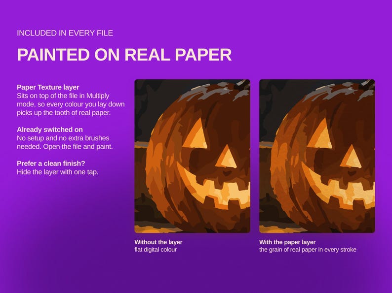 Pu&ograve; includere: Una grafica digitale su sfondo viola con il testo INCLUDED IN EVERY FILE PAINTED ON REAL PAPER. Due pannelli quadrati mostrano un'illustrazione di zucca, uno etichettato come Without the layer flat digital colour e uno come With the paper layer.