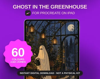 May include: A digital illustration titled GHOST IN THE GREENHOUSE FOR PROCREATE ON IPAD featuring a white ghost holding a black watering can inside a glass greenhouse at night with hanging lanterns, a full moon, and a pink badge stating 60 COLOURS 2,621 ZONES.