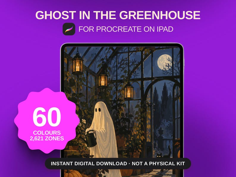 May include: A digital illustration titled GHOST IN THE GREENHOUSE FOR PROCREATE ON IPAD featuring a white ghost holding a black watering can inside a glass greenhouse at night with hanging lanterns, a full moon, and a pink badge stating 60 COLOURS 2,621 ZONES.