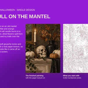 May include: A paint-by-number kit titled Skull on the Mantel featuring a finished painting of a skull, pumpkins, a candle, and dried flowers on a mantel, alongside a white outline template with 3,002 numbered zones on a purple background.
