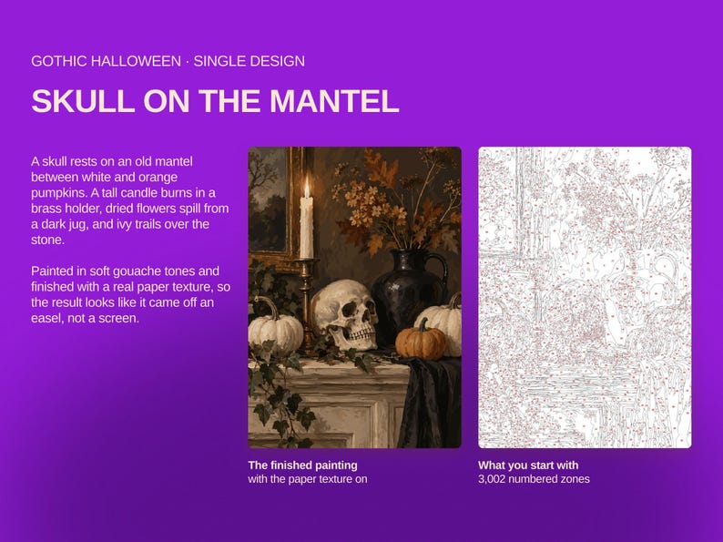 May include: A paint-by-number kit titled Skull on the Mantel featuring a finished painting of a skull, pumpkins, a candle, and dried flowers on a mantel, alongside a white outline template with 3,002 numbered zones on a purple background.