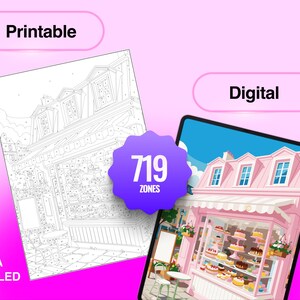 May include: A digital and printable coloring page featuring a detailed bakery storefront with cakes in the window. The image includes text labels Printable, Digital, Extra Detailed, and a purple badge stating 719 Zones. The design shows a street scene with a table and chairs outside a shop.