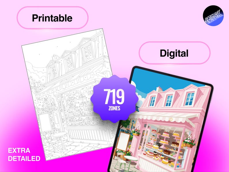 May include: A digital and printable coloring page featuring a detailed bakery storefront with cakes in the window. The image includes text labels Printable, Digital, Extra Detailed, and a purple badge stating 719 Zones. The design shows a street scene with a table and chairs outside a shop.