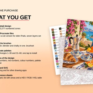 May include: A digital art kit featuring a Mediterranean scene with a moka pot, coffee cups, and oranges. The purchase includes one high-detail design with 60 colors, two Procreate files, four gouache brushes, two palettes, six design versions, and reference sheets.