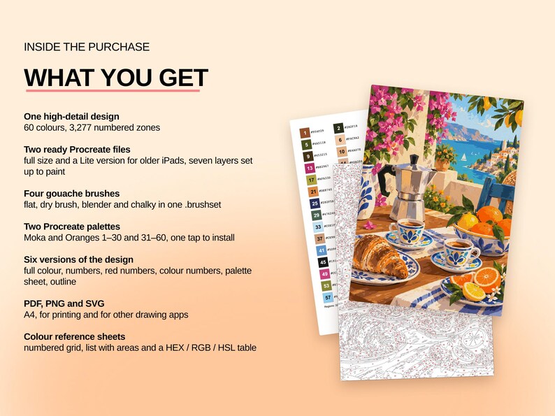 May include: A digital art kit featuring a Mediterranean scene with a moka pot, coffee cups, and oranges. The purchase includes one high-detail design with 60 colors, two Procreate files, four gouache brushes, two palettes, six design versions, and reference sheets.