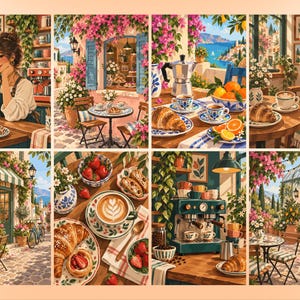 May include: A collage of eight illustrations depicting Mediterranean cafe scenes, featuring espresso machines, croissants, fresh fruit, coffee cups with latte art, blooming bougainvillea, and outdoor seating areas with coastal views in warm, sunny tones.