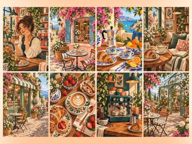 May include: A collage of eight illustrations depicting Mediterranean cafe scenes, featuring espresso machines, croissants, fresh fruit, coffee cups with latte art, blooming bougainvillea, and outdoor seating areas with coastal views in warm, sunny tones.