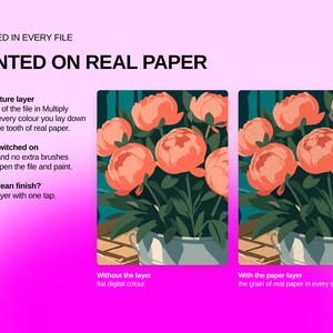 May include: A digital graphic showing a floral illustration of orange peonies in a light blue pot. Text includes INCLUDED IN EVERY FILE, PAINTED ON REAL PAPER, Paper Texture layer, Already switched on, and Prefer a clean finish? Two side-by-side panels show the image with and without a paper texture layer applied.