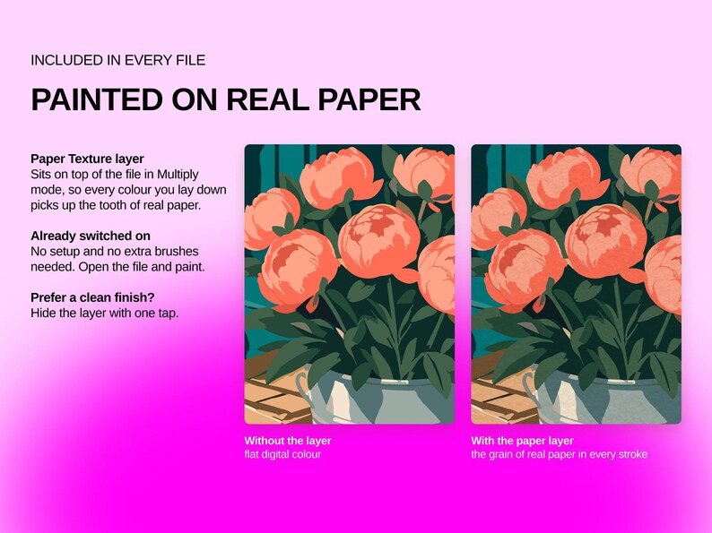 May include: A digital graphic showing a floral illustration of orange peonies in a light blue pot. Text includes INCLUDED IN EVERY FILE, PAINTED ON REAL PAPER, Paper Texture layer, Already switched on, and Prefer a clean finish? Two side-by-side panels show the image with and without a paper texture layer applied.