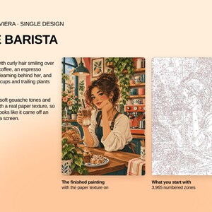 May include: A paint-by-numbers kit titled CAFE RIVIERA THE BARISTA featuring a finished painting of a smiling barista with curly hair holding an iced coffee in a cafe, alongside a numbered outline template with 3,965 zones for painting.