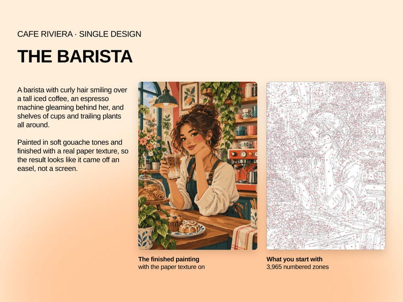 May include: A paint-by-numbers kit titled CAFE RIVIERA THE BARISTA featuring a finished painting of a smiling barista with curly hair holding an iced coffee in a cafe, alongside a numbered outline template with 3,965 zones for painting.