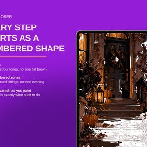 May include: A digital tablet displays a paint-by-number scene of a house entrance with pumpkins and a black cat. Text on the purple background reads: LOOK CLOSER, EVERY STEP STARTS AS A NUMBERED SHAPE, 60 colours, 3,511 numbered zones, Numbers vanish as you paint.