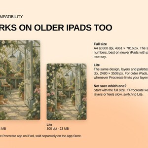 May include: Digital file information for iPad compatibility. Text reads: IPAD COMPATIBILITY, WORKS ON OLDER IPADS TOO, Full size A4 at 600 dpi, 4961 x 7016 px, Lite 300 dpi, 2480 x 3508 px. Includes two illustrations of a greenhouse with flowers.
