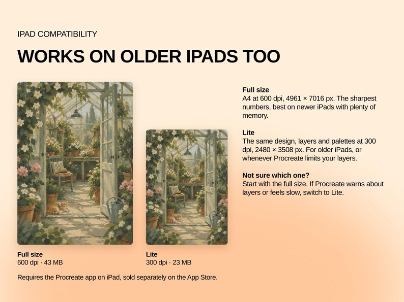 May include: Digital file information for iPad compatibility. Text reads: IPAD COMPATIBILITY, WORKS ON OLDER IPADS TOO, Full size A4 at 600 dpi, 4961 x 7016 px, Lite 300 dpi, 2480 x 3508 px. Includes two illustrations of a greenhouse with flowers.