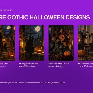 May include: A digital display on a purple background featuring four rectangular art prints titled The Vampire's Stair, Midnight Windowsill, Roses and the Raven, and The Witch's Chair. Each print depicts a dark, atmospheric scene with pumpkins.