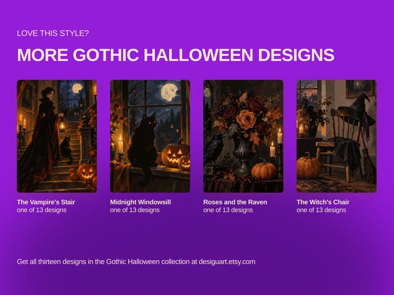 May include: A digital display on a purple background featuring four rectangular art prints titled The Vampire's Stair, Midnight Windowsill, Roses and the Raven, and The Witch's Chair. Each print depicts a dark, atmospheric scene with pumpkins.