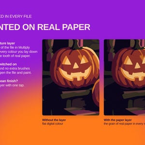May include: A digital graphic display featuring the text INCLUDED IN EVERY FILE PAINTED ON REAL PAPER. It shows two side-by-side illustrations of a jack-o'-lantern pumpkin, one labeled Without the layer and one labeled With the paper layer.