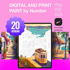May include: A digital paint by number set featuring 20 designs in PNG, PDF, and SVG formats, including Procreate swatches. The image displays a tablet screen showing a line-art tram scene, surrounded by colorful finished illustrations of coastal streets.
