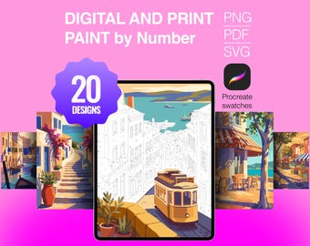 May include: A digital paint by number set featuring 20 designs in PNG, PDF, and SVG formats, including Procreate swatches. The image displays a tablet screen showing a line-art tram scene, surrounded by colorful finished illustrations of coastal streets.